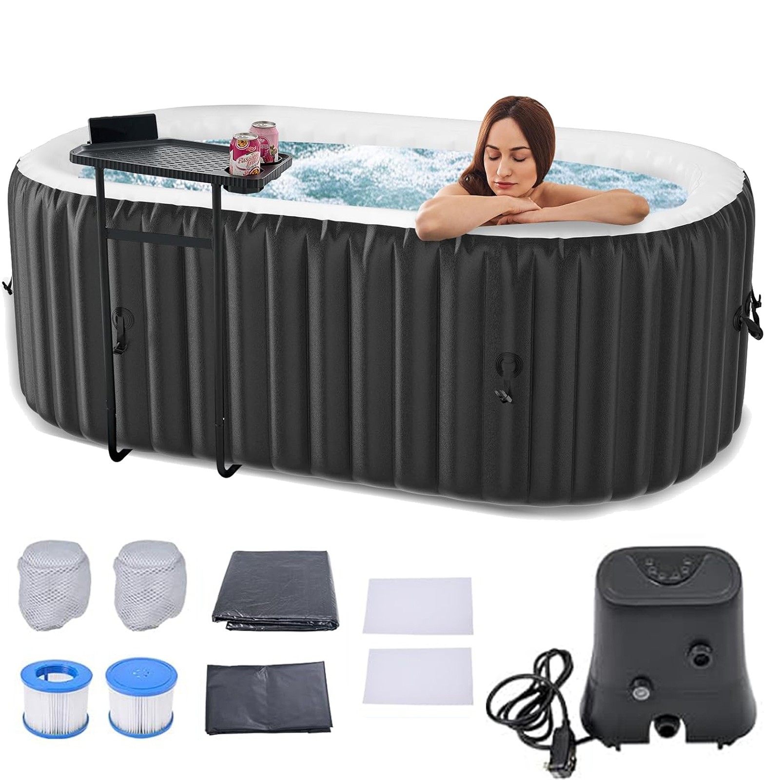H&ZT 2 Person Inflatable Hot Tub w/Table Leak-Proof PVC Outdoor Spa 100 Air Jets