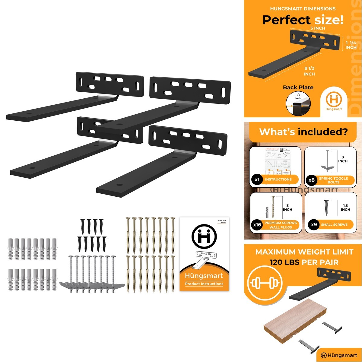 Hungsmart 4 x L Shelf Brackets 8.5in D x 5in W x 1.25in H Black – 4 Pack