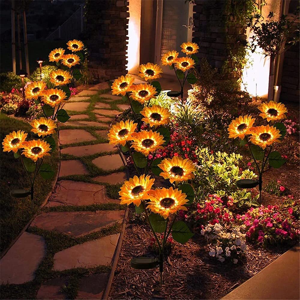 3-Lights Sunflower Outdoor Solar Garden Stake Lights Waterproof Yard Light Decor