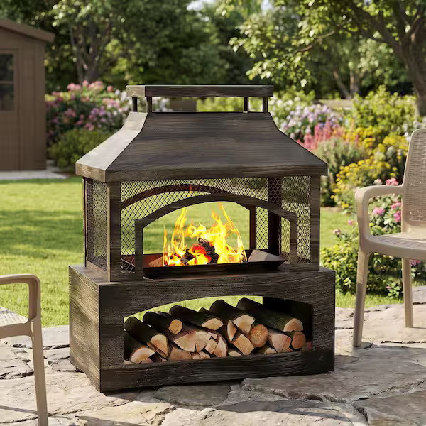37 in. Steel Outdoor Wood Burning Fireplace with Wood Storage Rectangular Freest