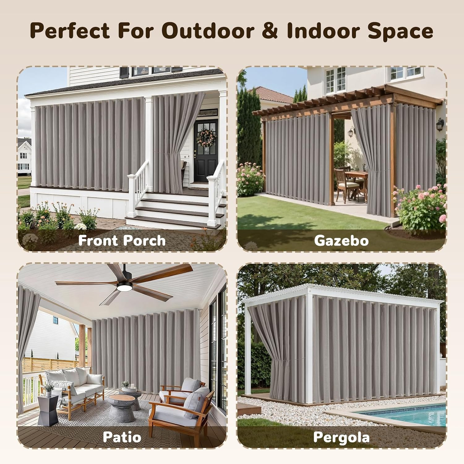 Linen Outdoor Curtains for Patio Waterproof with Zipper Blackout Curtains 2 Pane