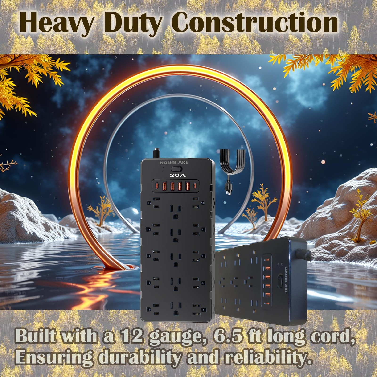 Nanolake 20 Amp Power Strip Surge Protector,Heavy 10.1*4.53*1.83 inch, Black