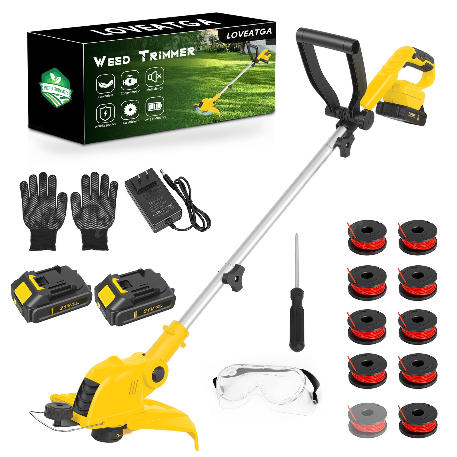 21V Cordless String Trimmer with 2Ah Batteries Fast Charger 12” Edger Yellow