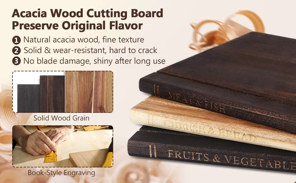 1/3pcs Book Cutting Board Set with Stand, Solid Acacia Cutting Boards