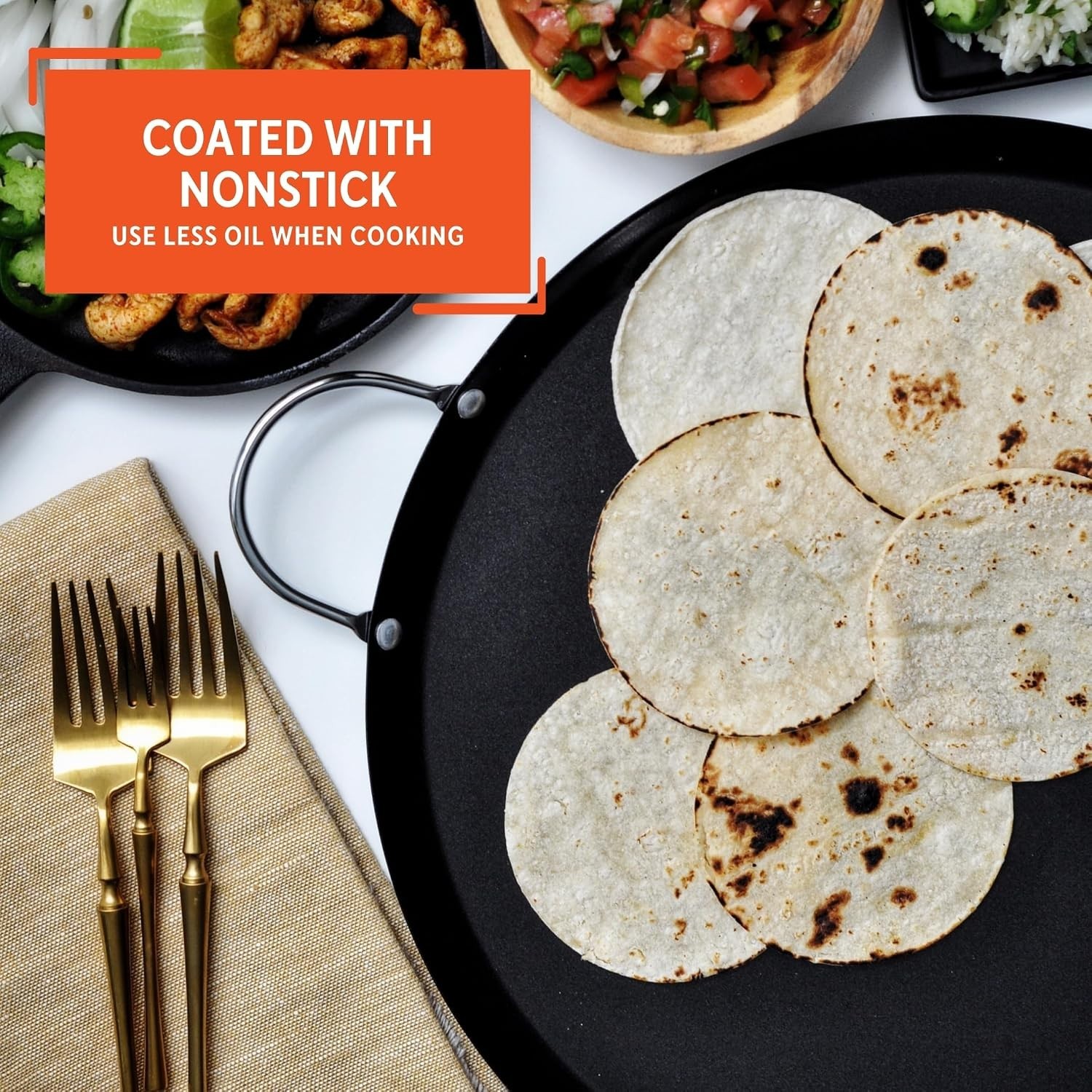 13.5in Carbon Steel Nonstick Round Comal with Metal Handles, Black | Chrome R…