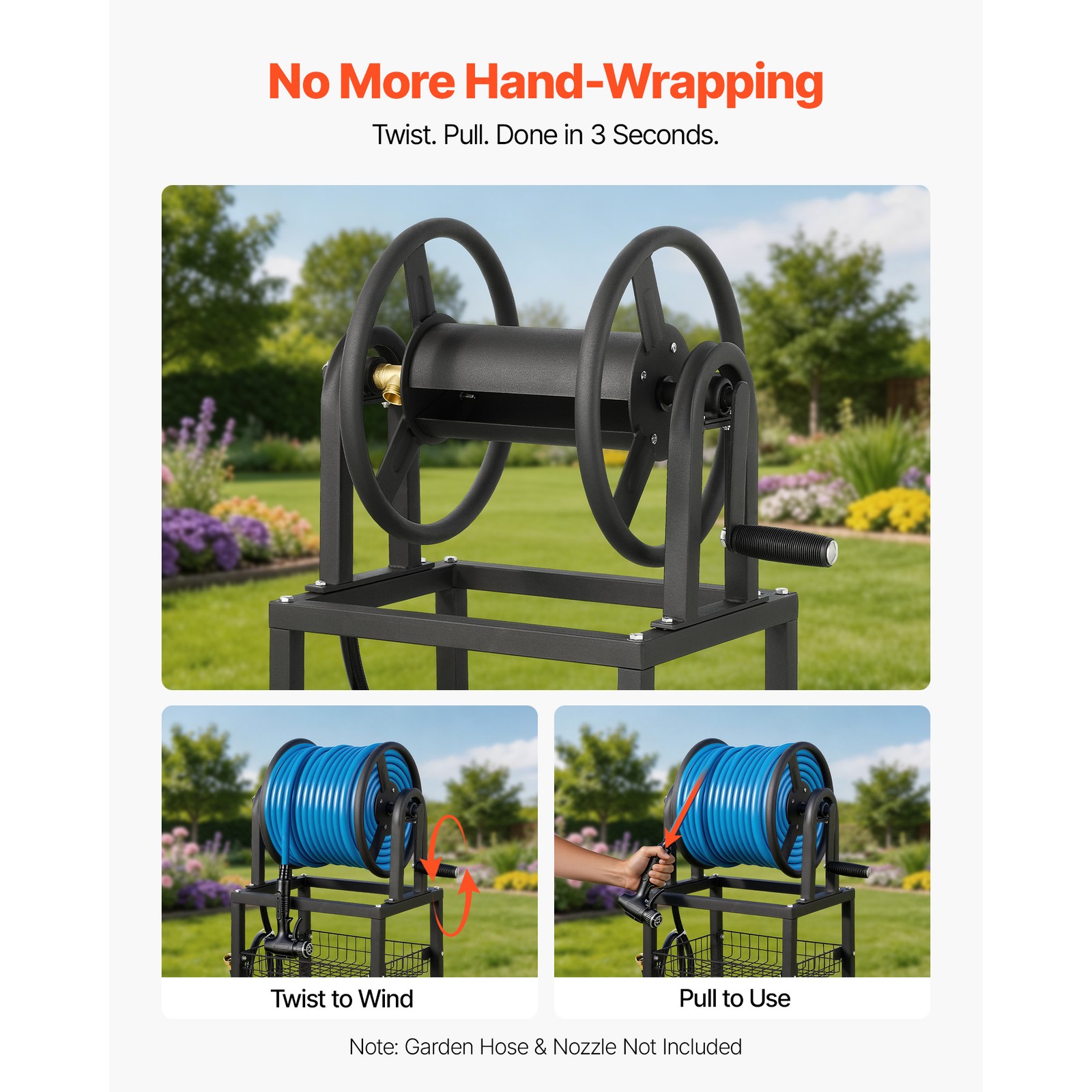Uimoso Freestanding Hose Reel for 125 ft of 5/8-inch Hose, Wall-Mount Option