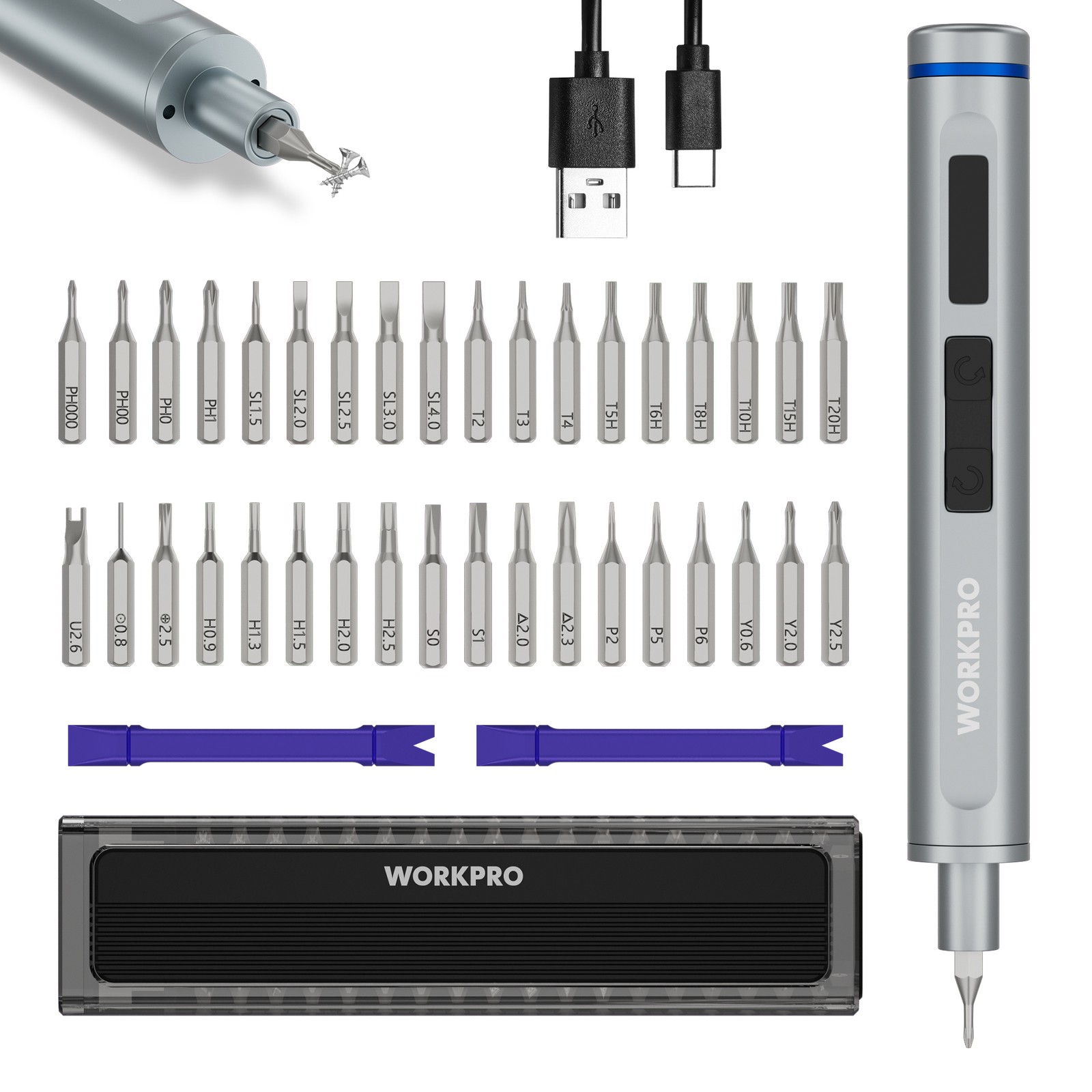 WORKPRO Mini Electric Screwdriver with Magnetizer 36 S2 Steel Bits & 2 Pry Bars