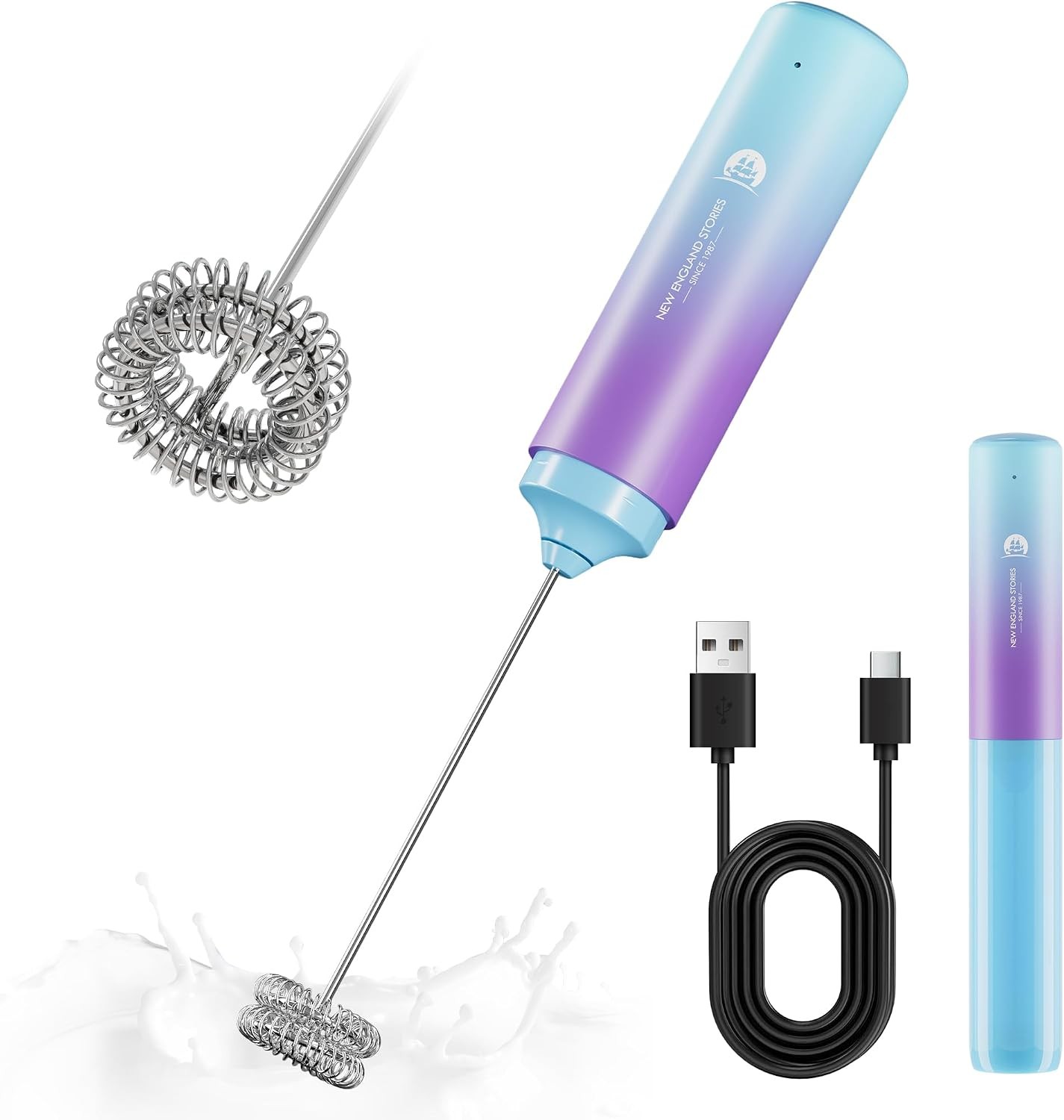 Rechargeable Handheld Milk Frother 2-IN-1 Dual Spring Electric Wand for Latte