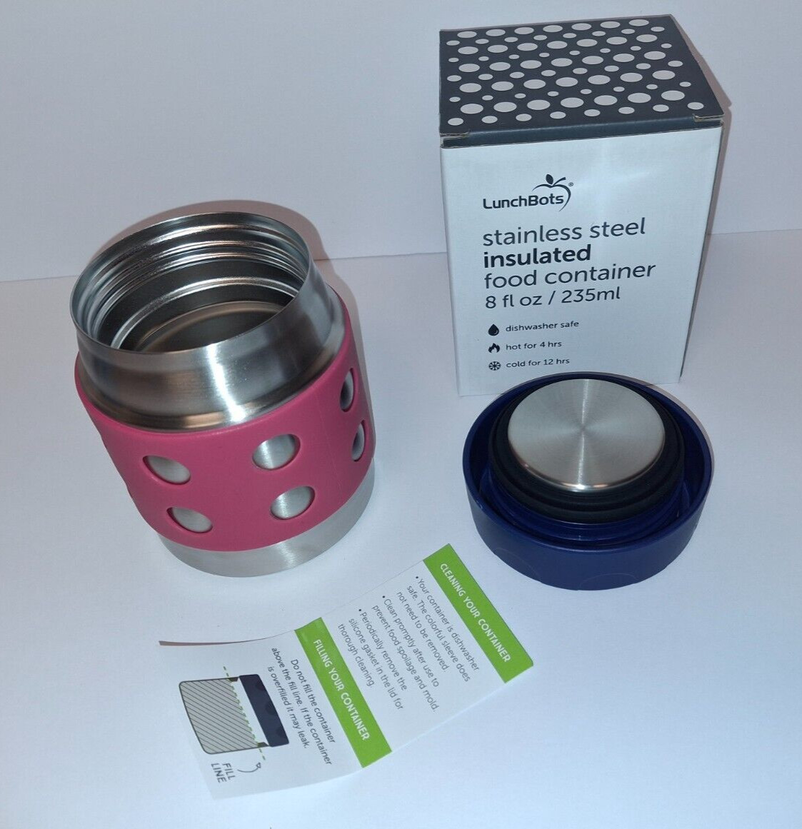 8oz Pink or Blue Dots Jar LUNCH BOTS Triple Insulated Hot/Cold Container Thermos