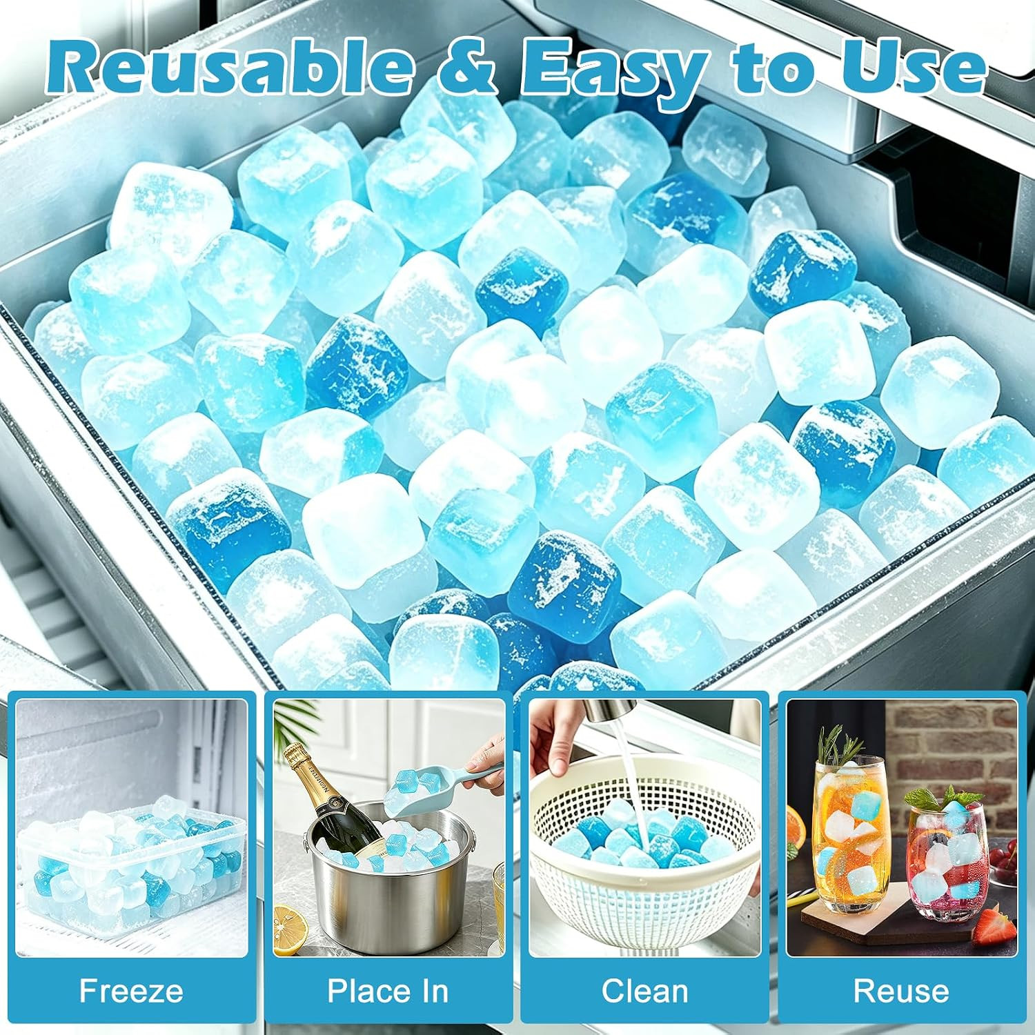 100 Pack Reusable Ice Cubes with Storage Box, Refreezable Plastic Ice Cubes for