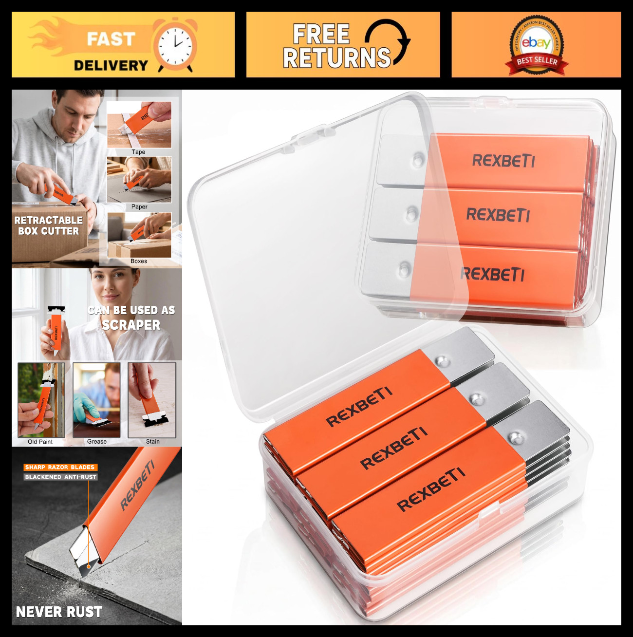 48 Pack Box Cutter Set – Retractable Utility Knife, All-Metal Body, Carbon Steel