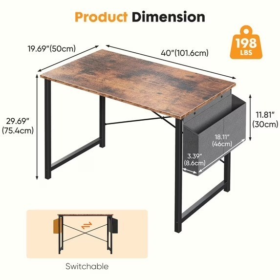 Computer Writing Desk with Storage Bag, Steel Frame for Home Office Study