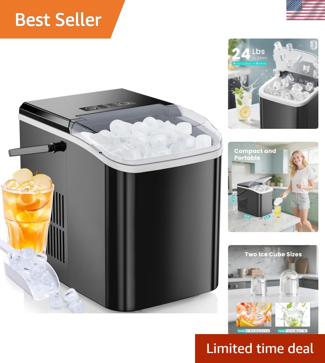 26lbs in 24Hrs,9 Ice Cubes in 6 Mins,Auto-Cleaning Portable Ice Maker with Ba…