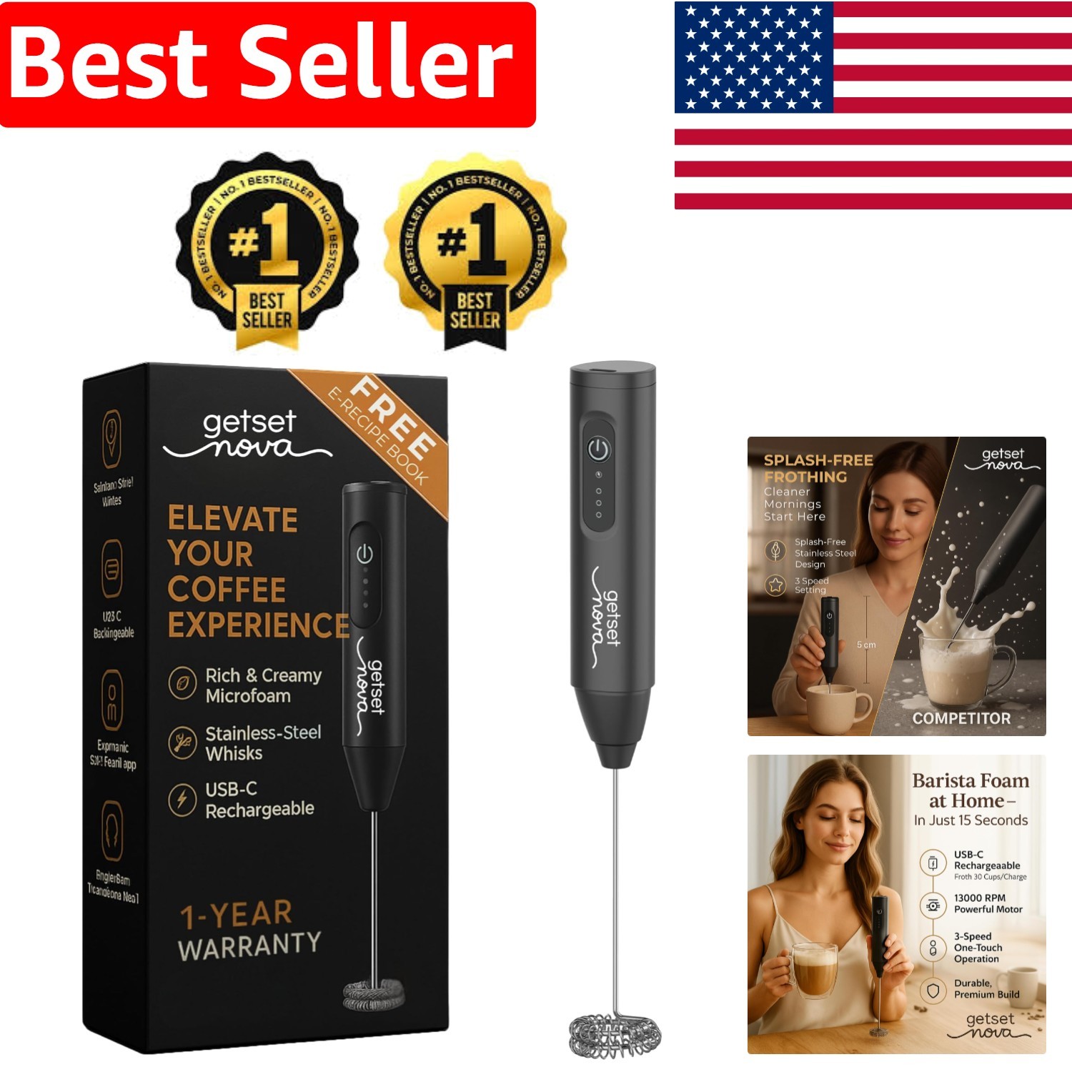 Portable Electric Milk Frother with 3 Speed Settings and Fast USB-C Recharge