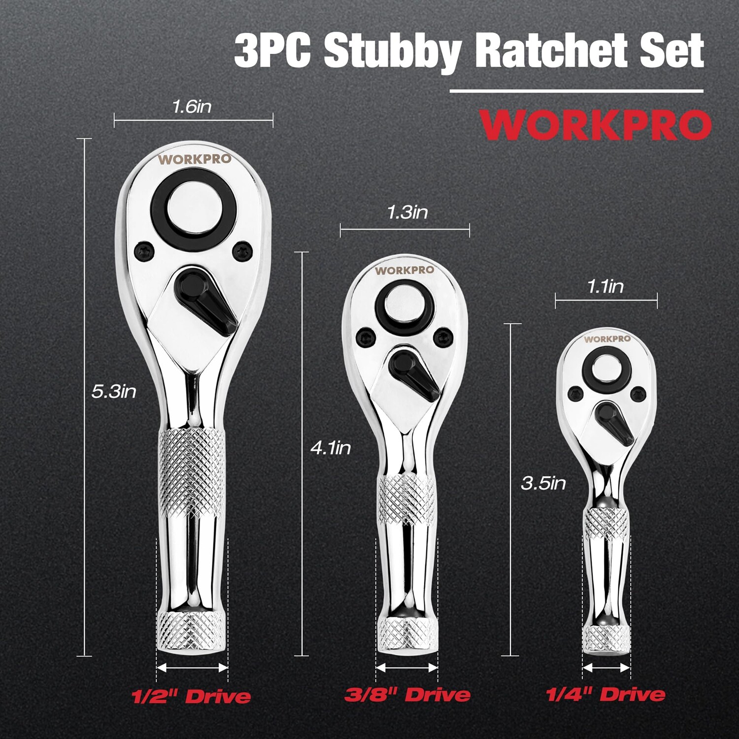WORKPRO 3PC Stubby Ratchet Set 1/4″ 3/8″ 1/2″ Drive Ratchet Handle Quick Release