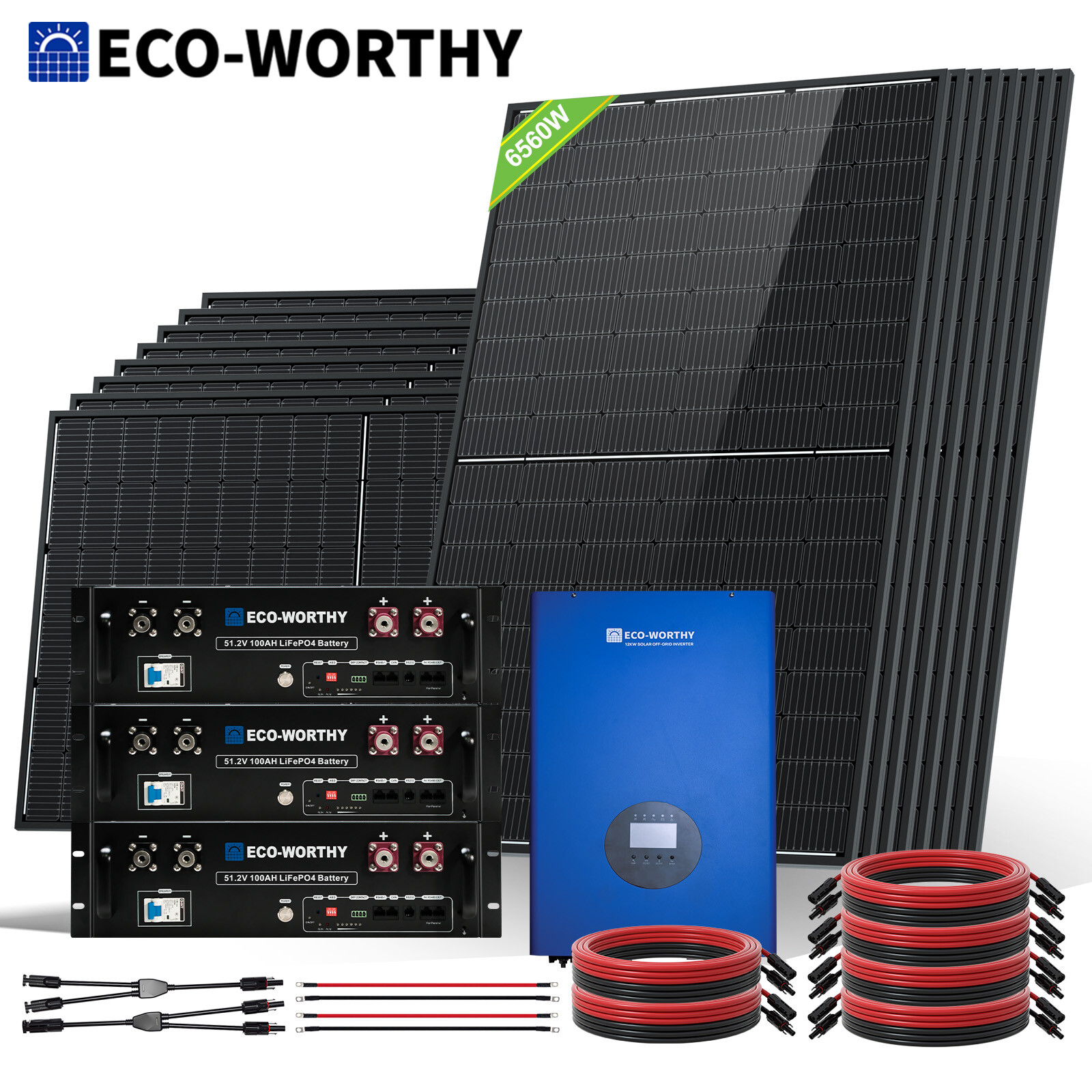 6560W Solar Panel Kit 12KW 48Vdc-120V/240Vac Output+ MPPT &Lithium Battery