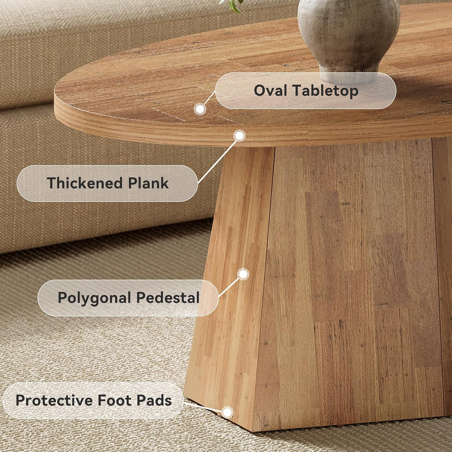 Modern 47-Inch Oval Coffee Table with Polygonal Base, Child-Friendly Design