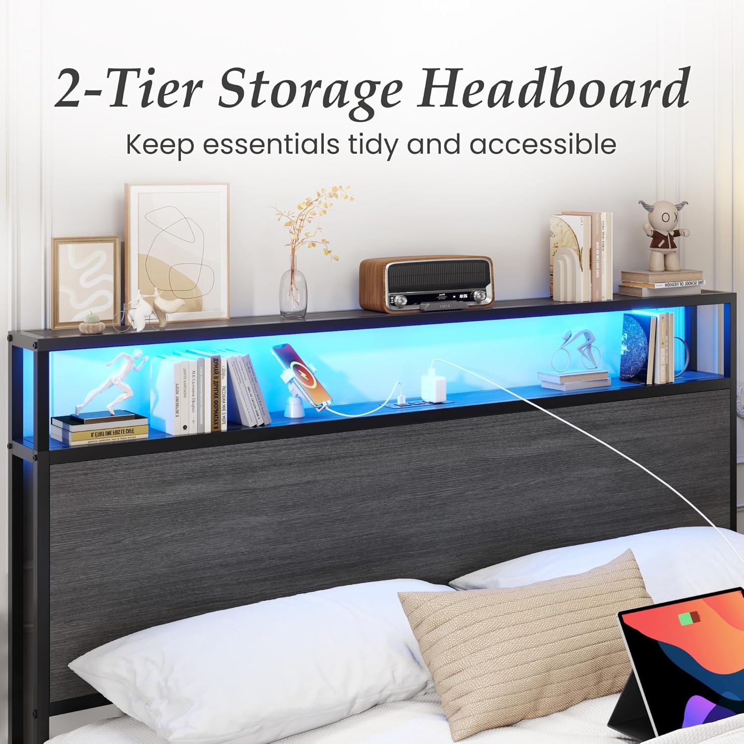 Queen Full Size Bed Frame with Storage Headboard &Charging Station＆ LED Lights