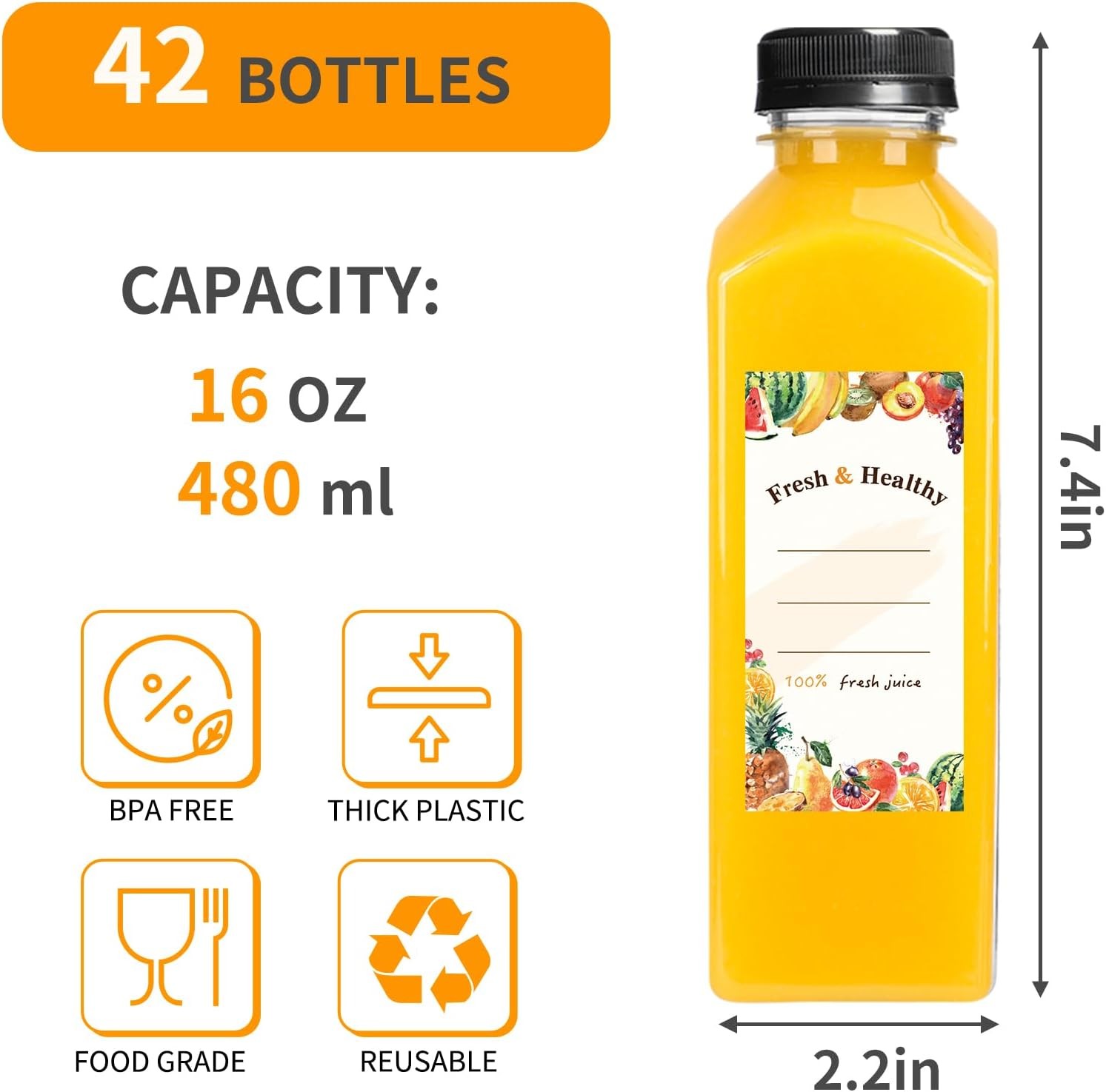 42pcs 16oz Plastic Juice Bottles with Caps – Bulk Clear Beverage Containers