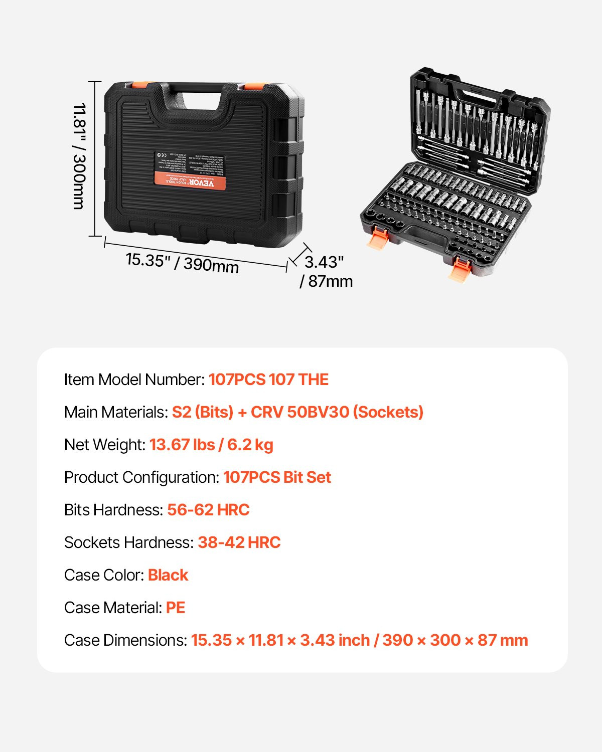 VEVOR Bit Socket Set, 107-Piece SAE and Metric, Hex/Torx/External Torx/Tamper-Pr