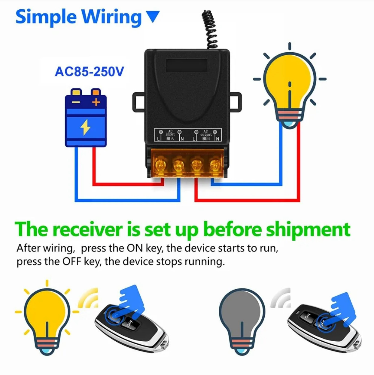 433MHz RF Wireless Remote Control Switch AC 110-240V 15A Relay Receiver + 2 Key