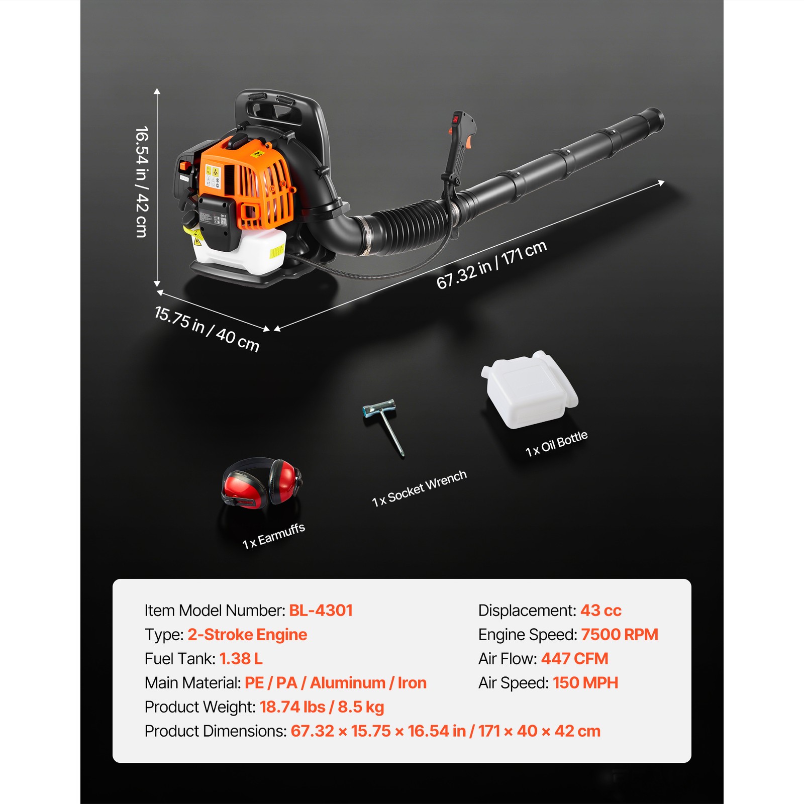 Uimoso Gas-Powered Backpack Leaf Blower, 43CC 2-Stroke, 447CFM, 150MPH