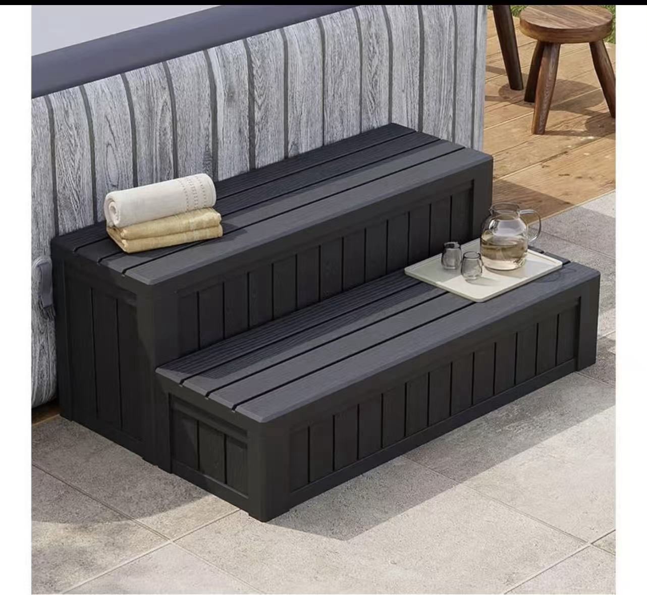 2-Step Freestanding Hot Tub Steps, Waterproof Rectangular Storage
