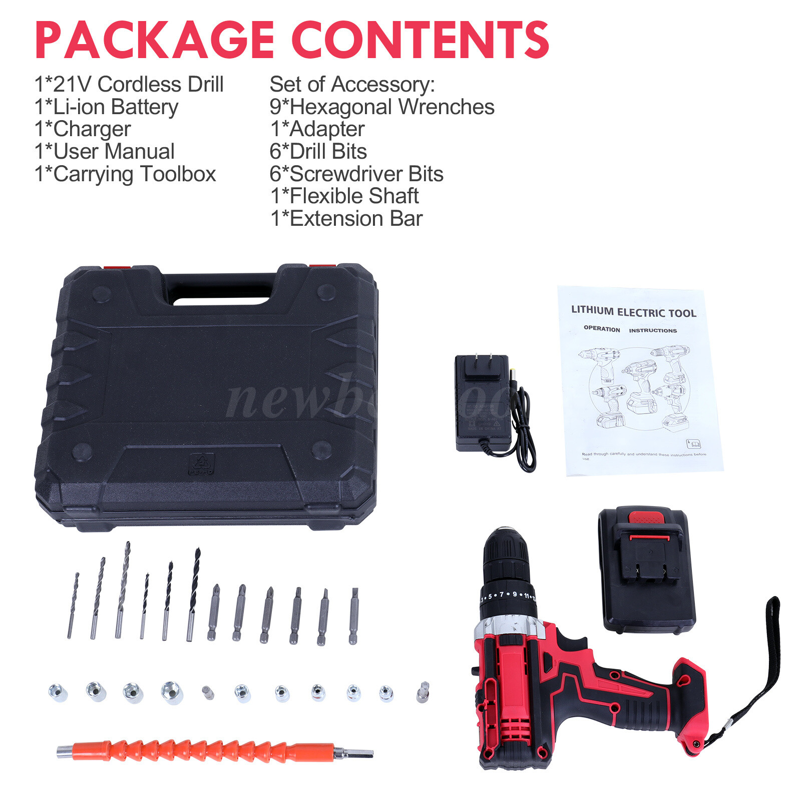 21V Electric Drill 3/8″ Power Cordless Screwdriver Drill Set with 2 Battery Kit