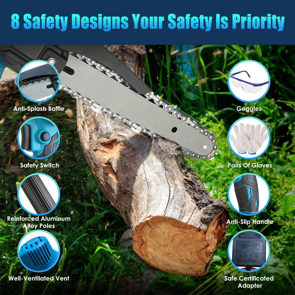 2-in-1 Electric Pole Saws Mini Chainsaw Cordless 6″ Chain Saw w/ Extension Pole