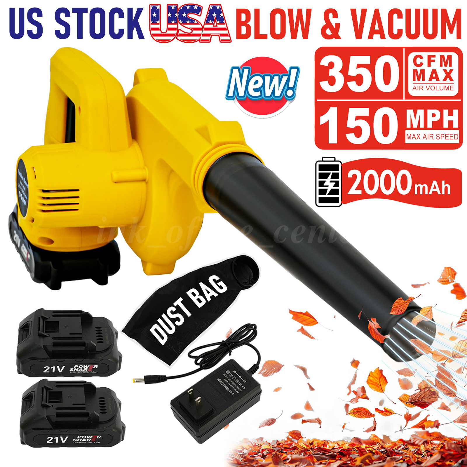 Portable Leaf Blower, 2-in-1 Cordless Leaf Blower 350CFM/150MPH with 2 Batteries