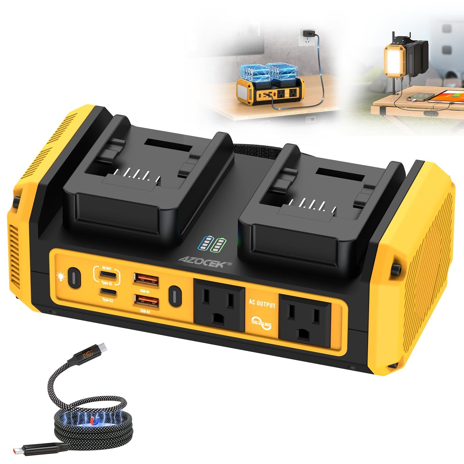 350W Pure Sine Wave Inverter for Dewalt 20V Max Battery 140W PD3.1 GaN Charger