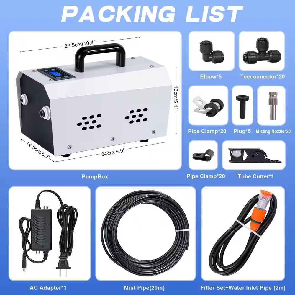 Portable Outdoor Misting Cooling System with Booster Pump, 20 Nozzles, Continuou