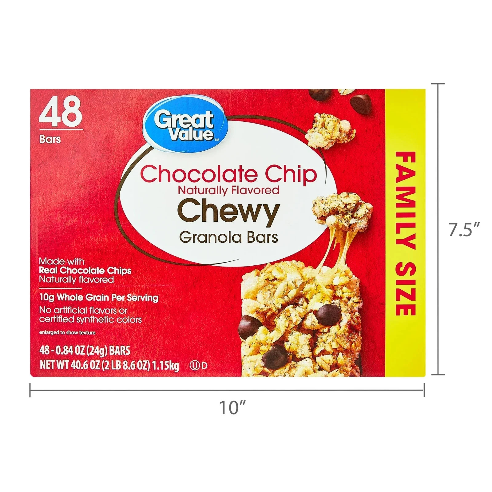 Chocolate Chip chewy granola bars, family size, 0.84 oz Paper Box, 48 count.