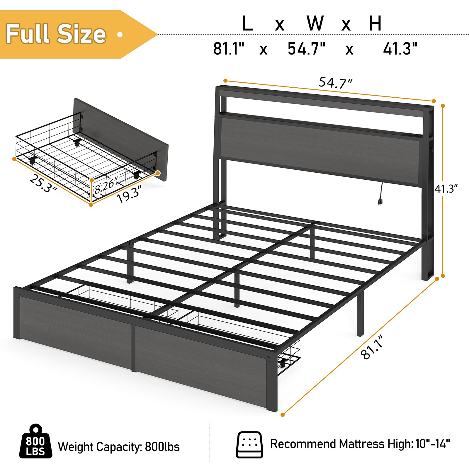 Queen Full Size Bed Frame with Storage Headboard &Charging Station＆ LED Lights