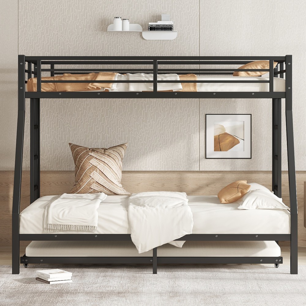 Twin Over Twin Bunk Bed with Twin Trundle Triple Bunk Beds for Kids Teens Adults