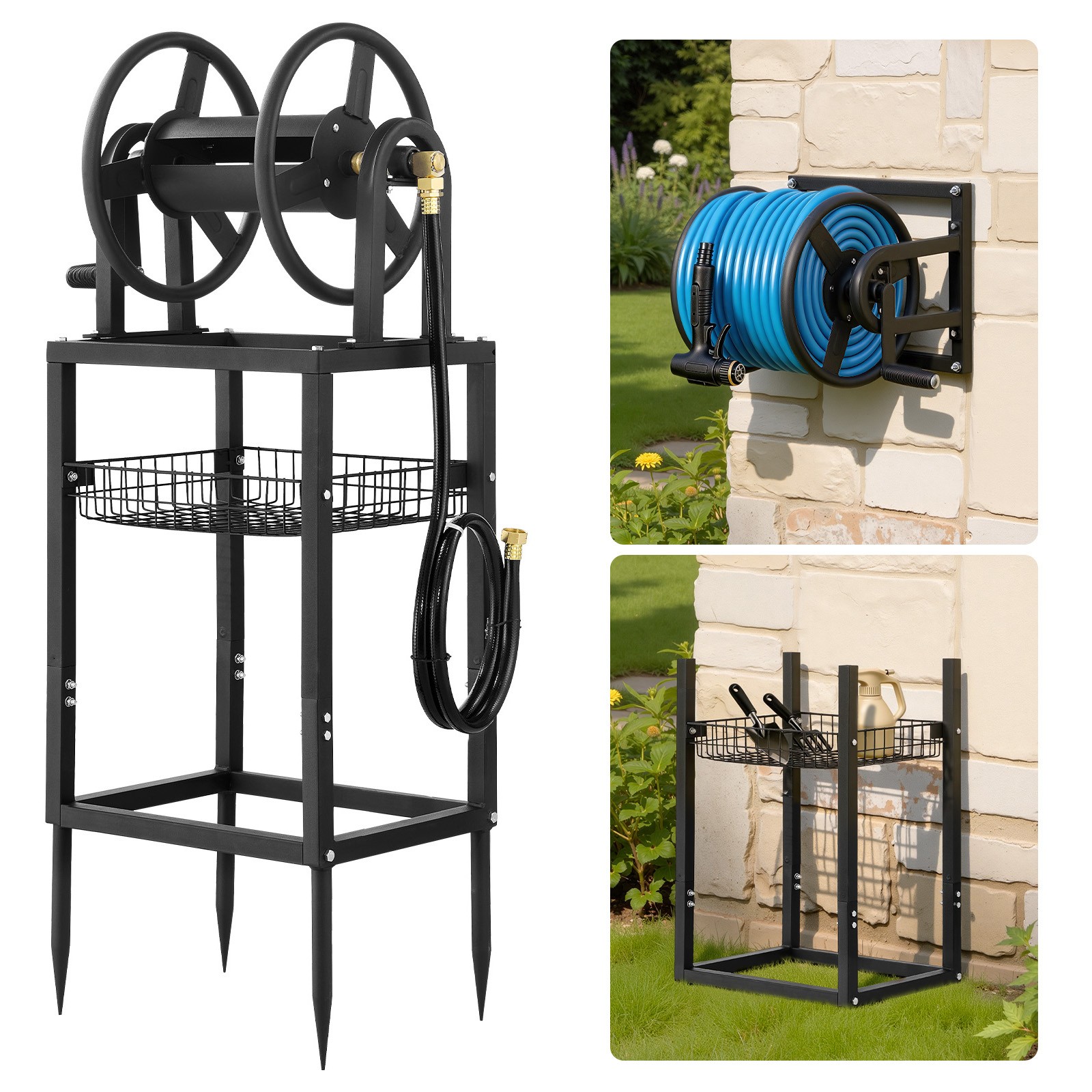 Uimoso Freestanding Hose Reel for 125 ft of 5/8-inch Hose, Wall-Mount Option