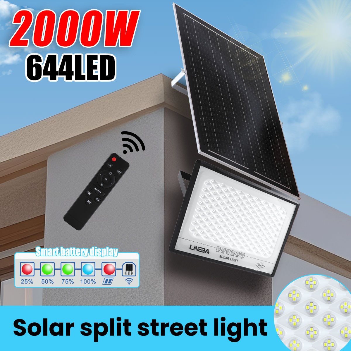 2000W LED Solar Flood Lights Outdoor Street Light Dusk to Dawn Flood Wall Lamp