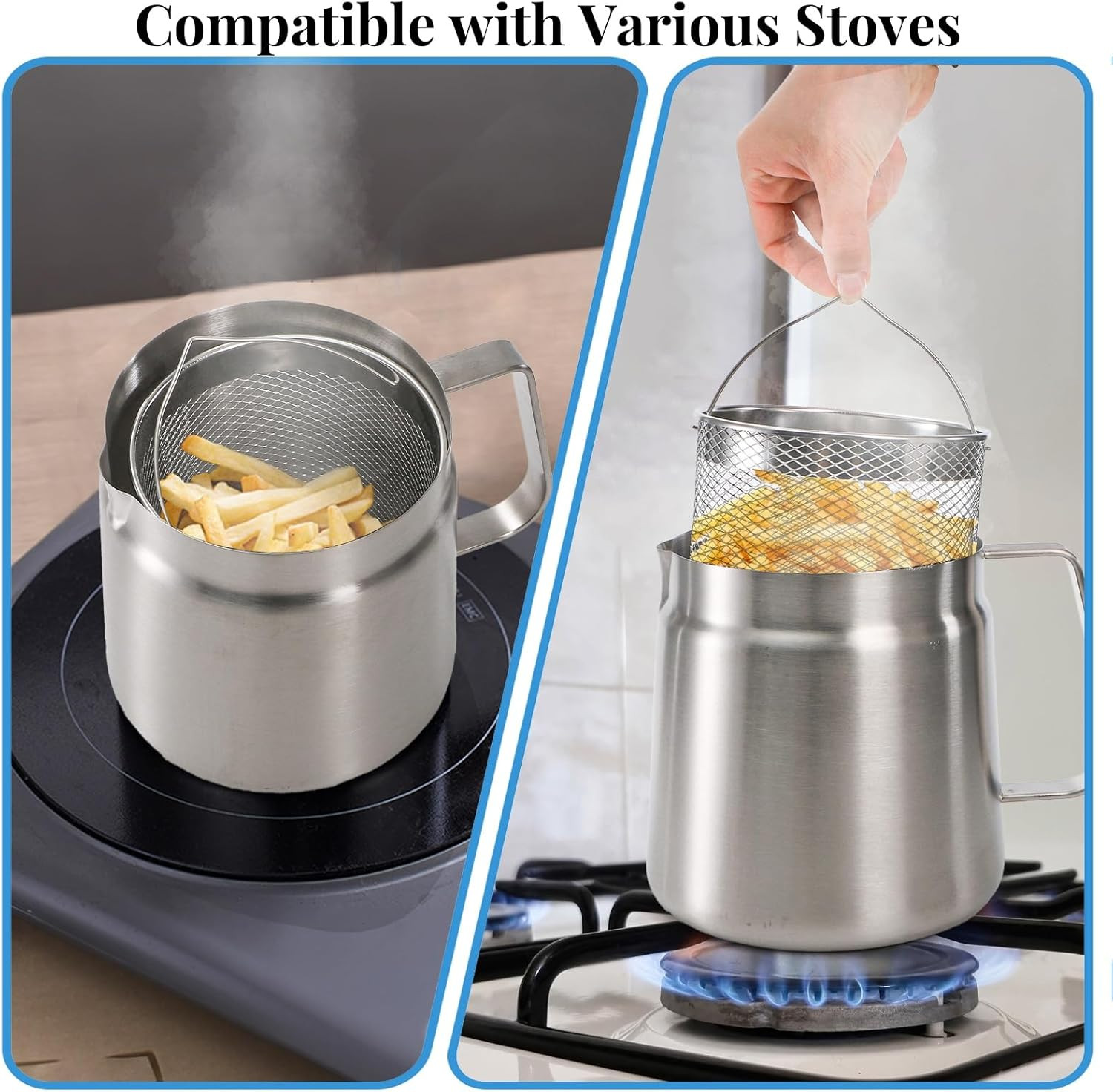 304 Stainless Steel Oil Filter Pot, 68 Oz Deep Fryer Pot with Strainer Basket,