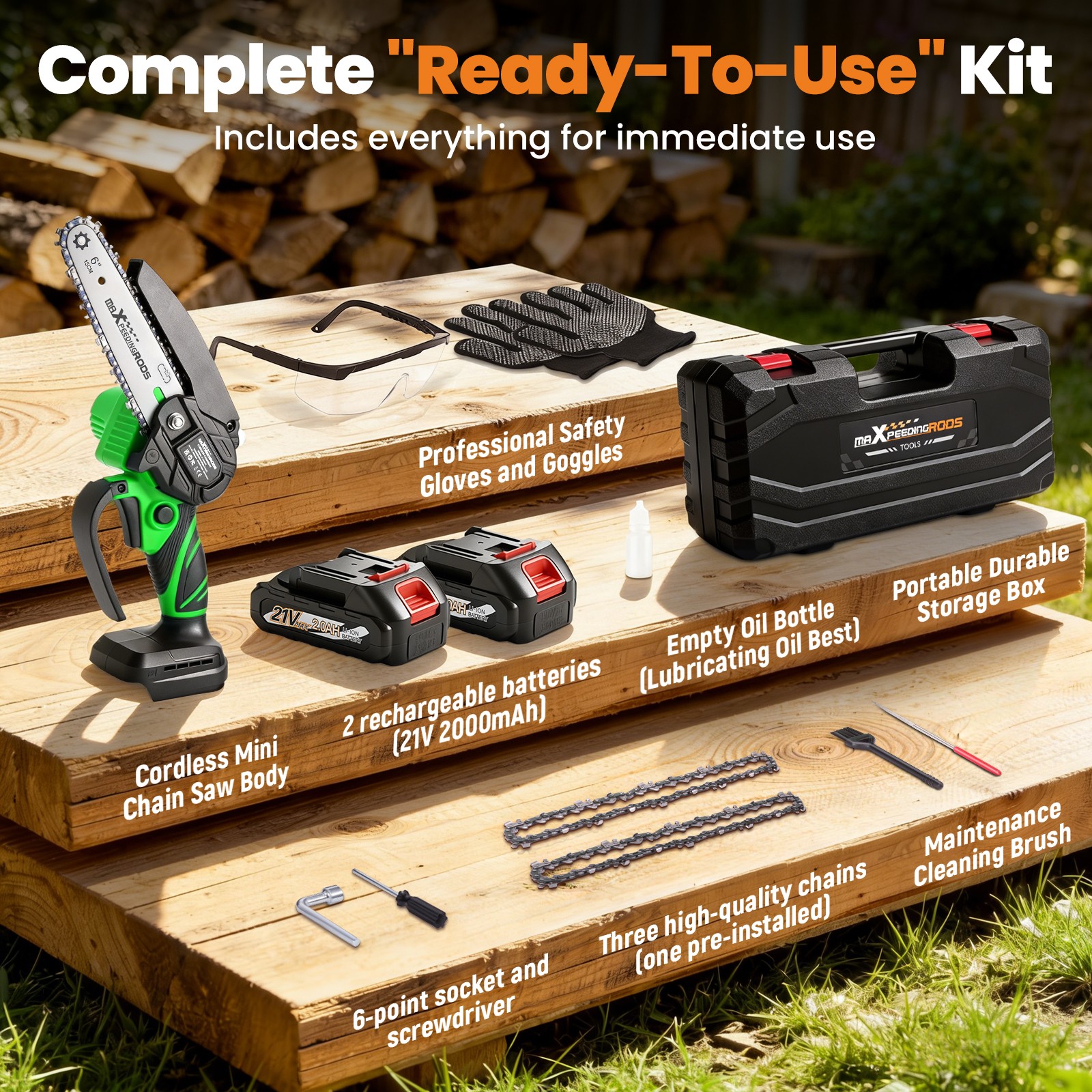 21V for Cordless Mini Chainsaw with 2 Batteries 6inch Guide Bar Wood Pruning