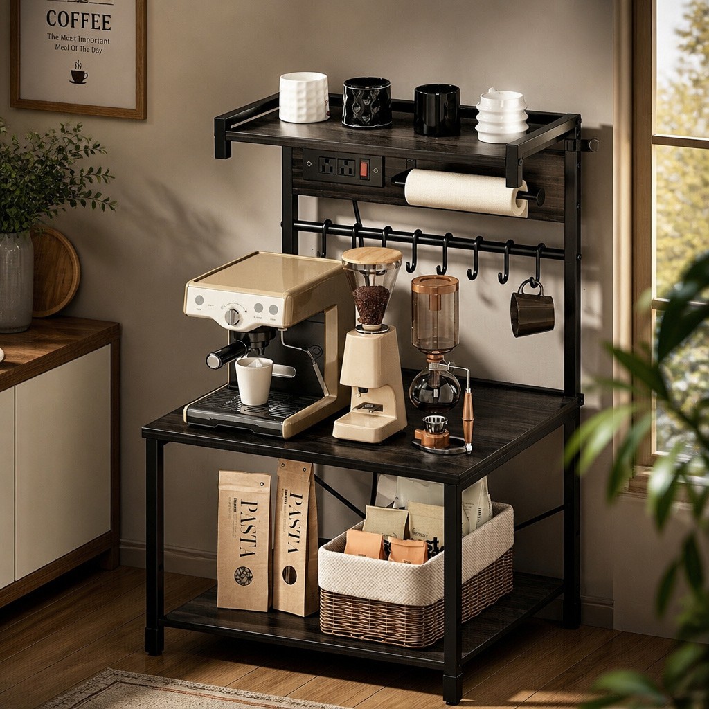 KFFKFF Kitchen Bakers Rack With Power Outlet Wood Metal 23.6″ New