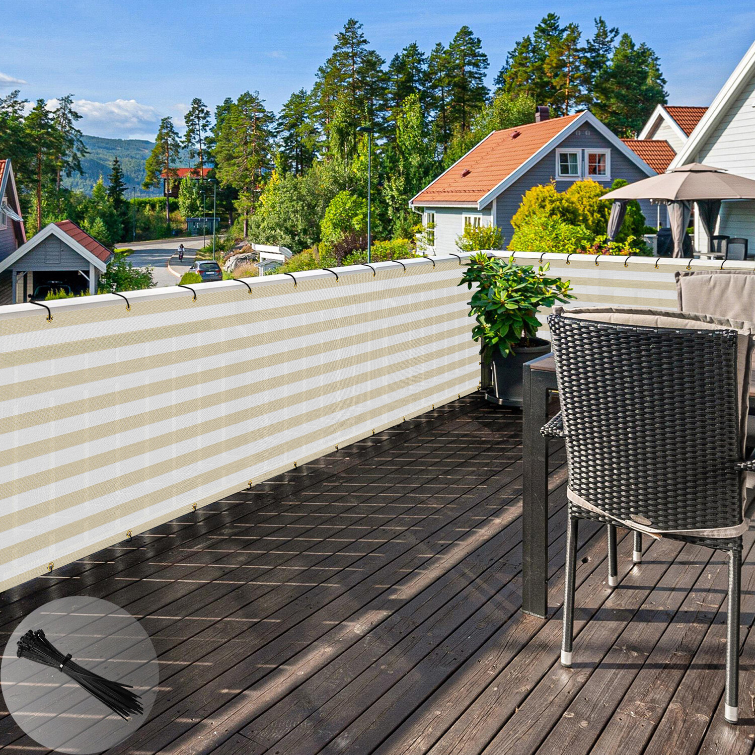 35in Balcony Fence Screen Privacy Deck Patio Shelter Shade Cover Beige Stripe