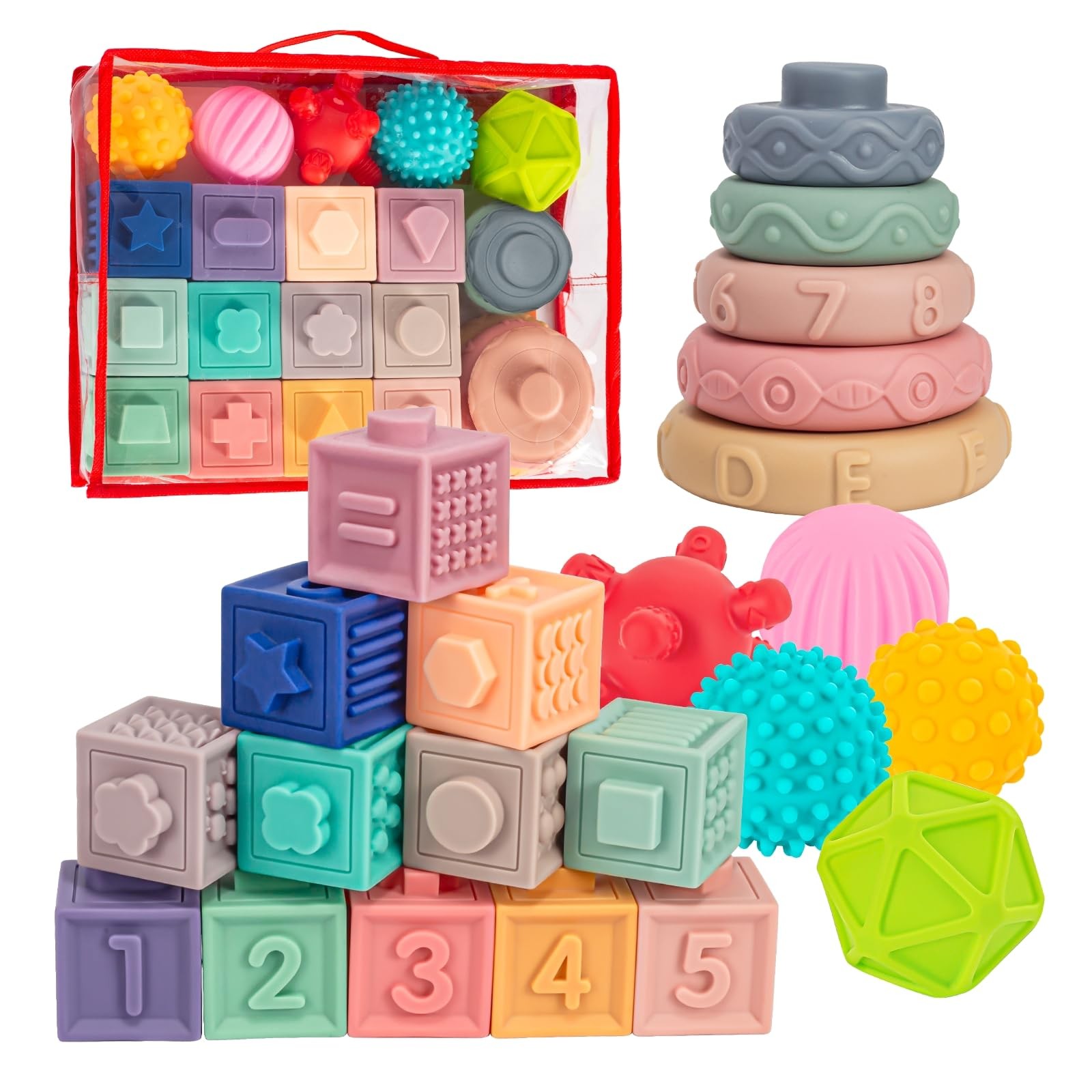 SpringFlower 3 in 1 Montessori Toys for Babies 0-3-6-12 Months, Soft Baby Teethi