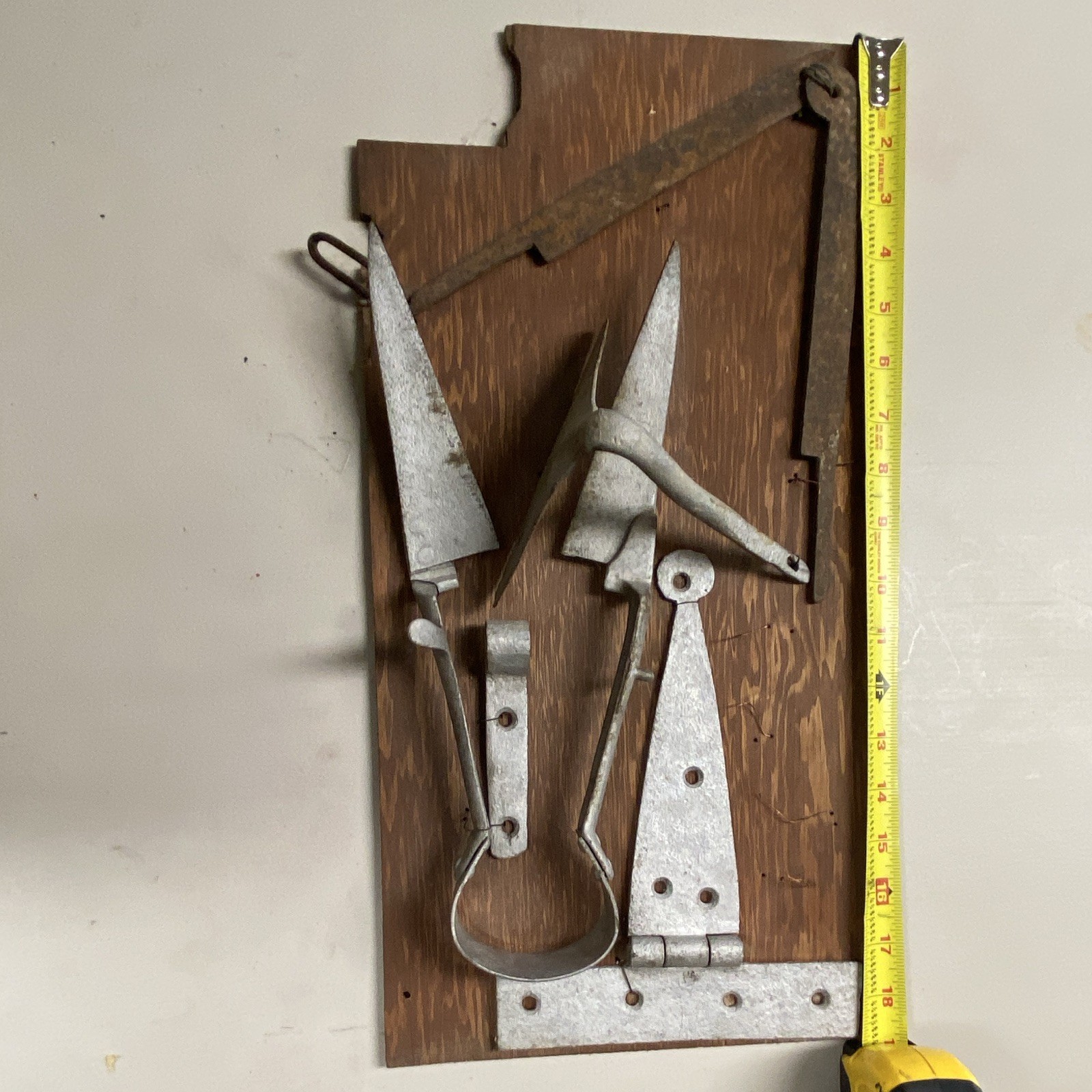 Industrial Tools Wall Plaque, Wood Grain & Metal Hardware, Wall Mounted 18″