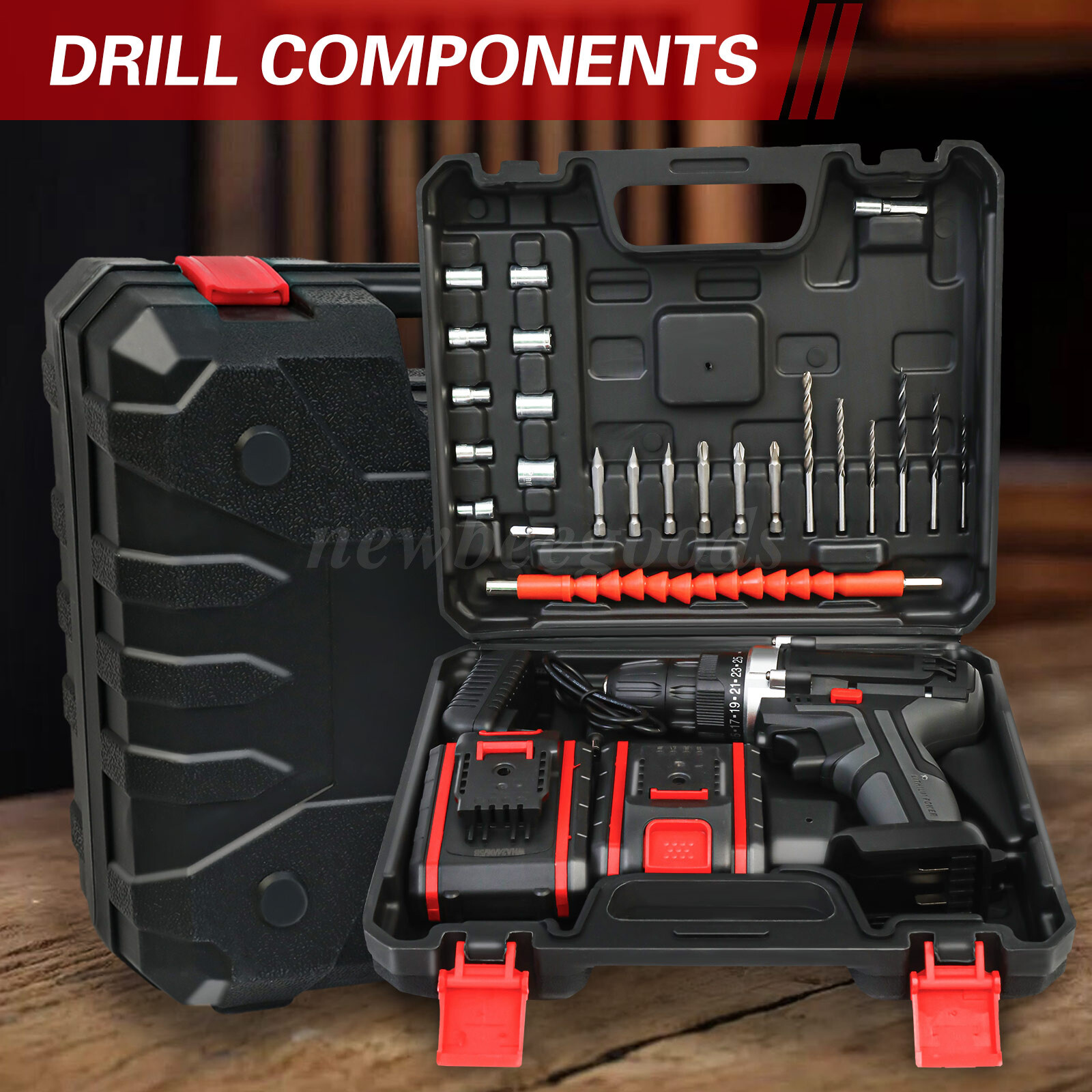 21V Electric Drill 3/8″ Power Cordless Screwdriver Drill Set with 2 Battery Kit