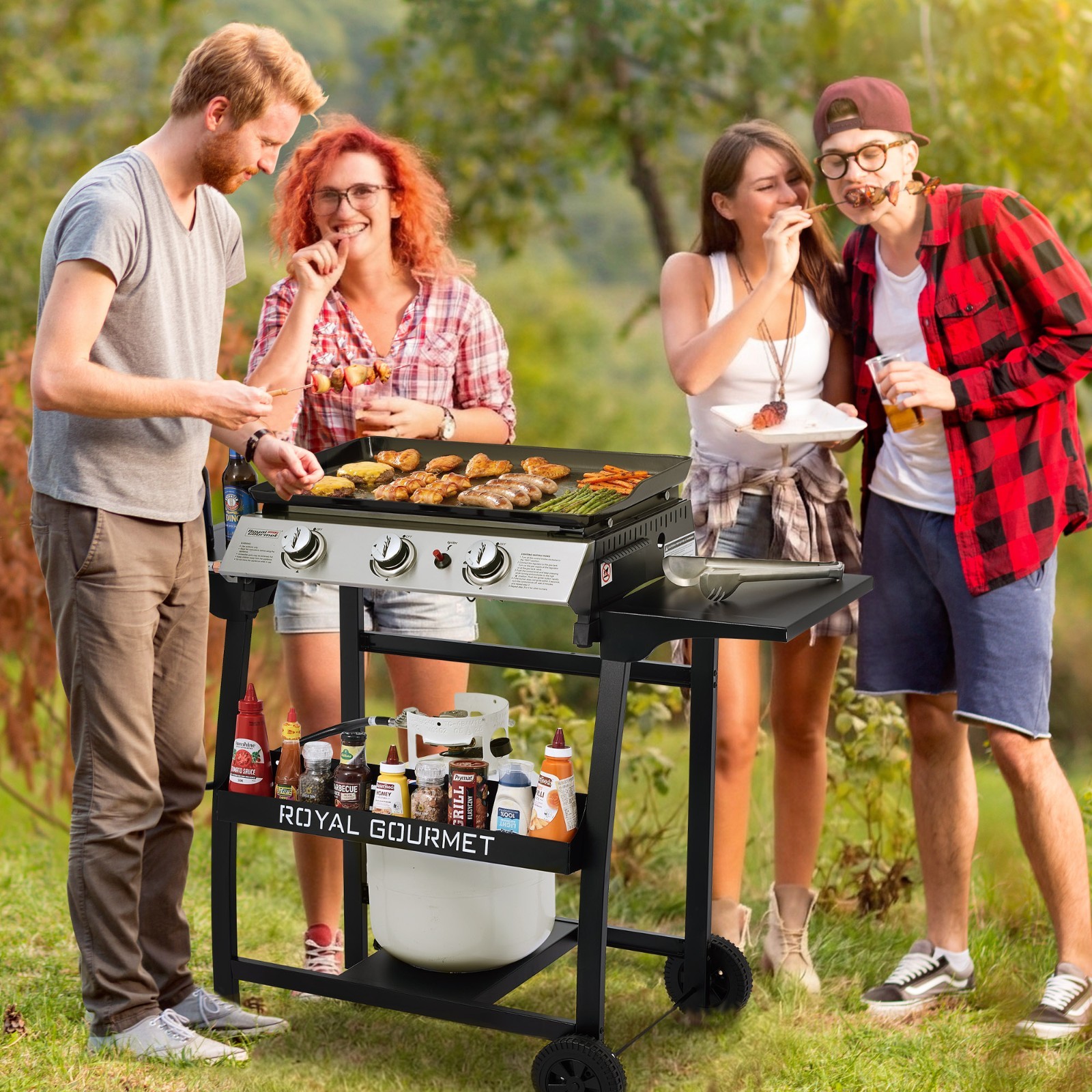 Royal Gourmet Tabletop Griddle Stand with Basket and Side Shelves, Black