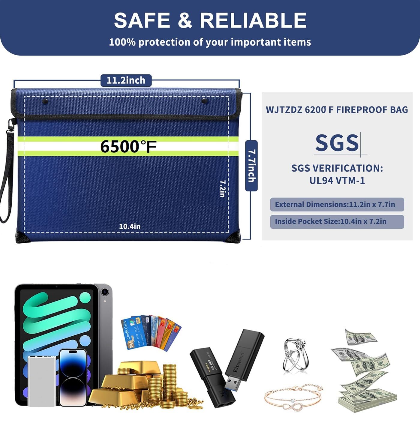 Upgraded Fireproof Money Bag10 Layers of Heat Insulated Materials6500°F Firep…
