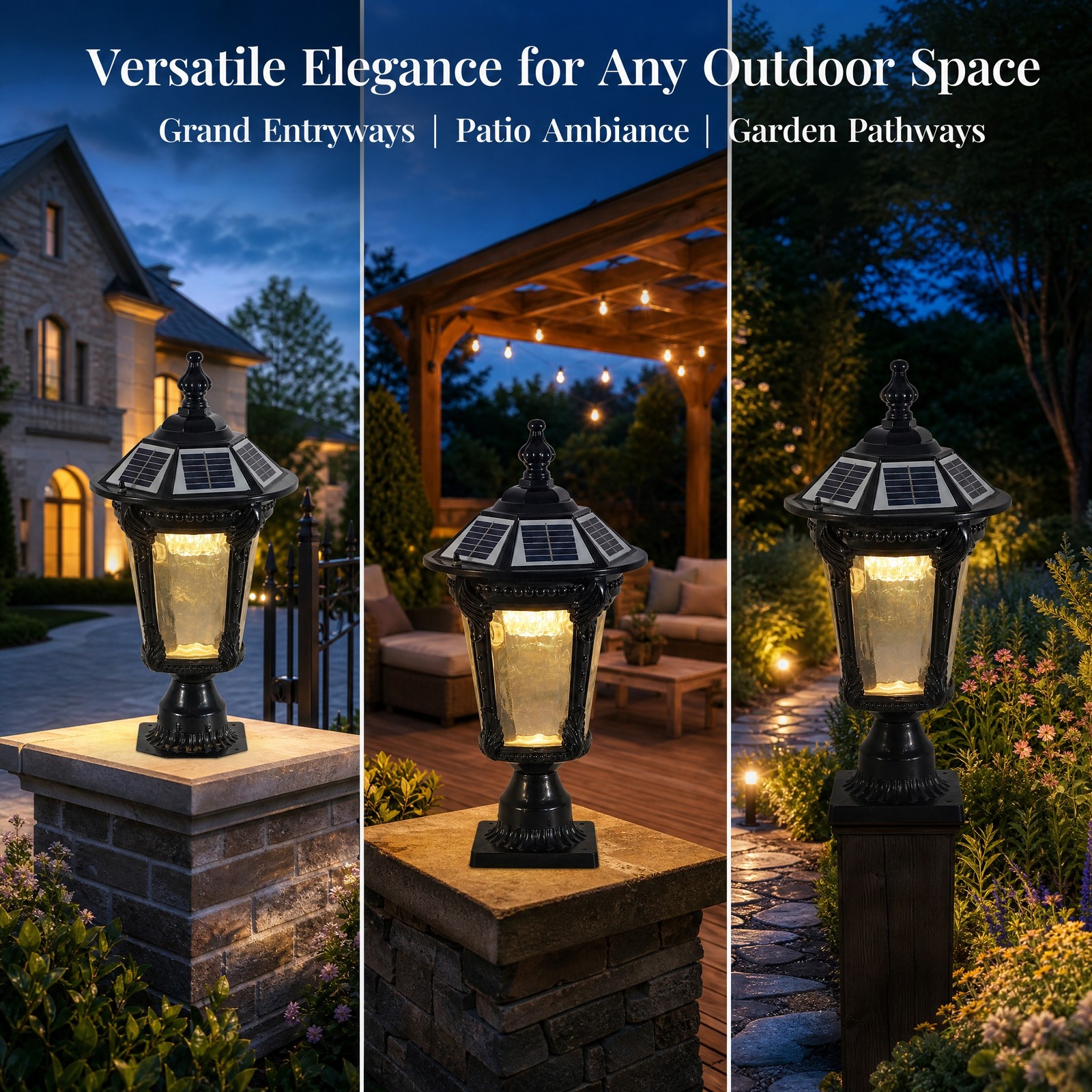 19” Solar Lamp Post Light Outdoor Black Pillar Dusk To Dawn With Remote Control