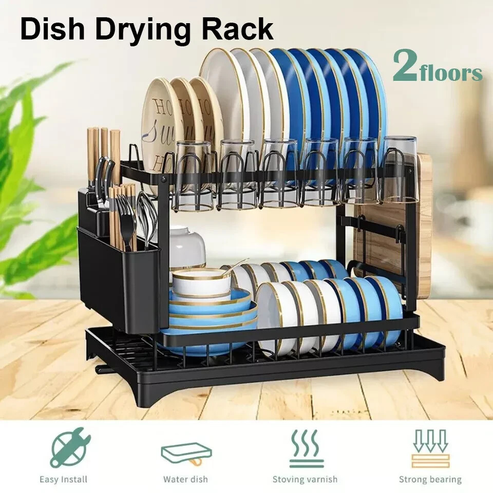 2 Tier Dish Drainer Rack with Drip Tray Cutlery Holder Plate Racks Kitchen Sink