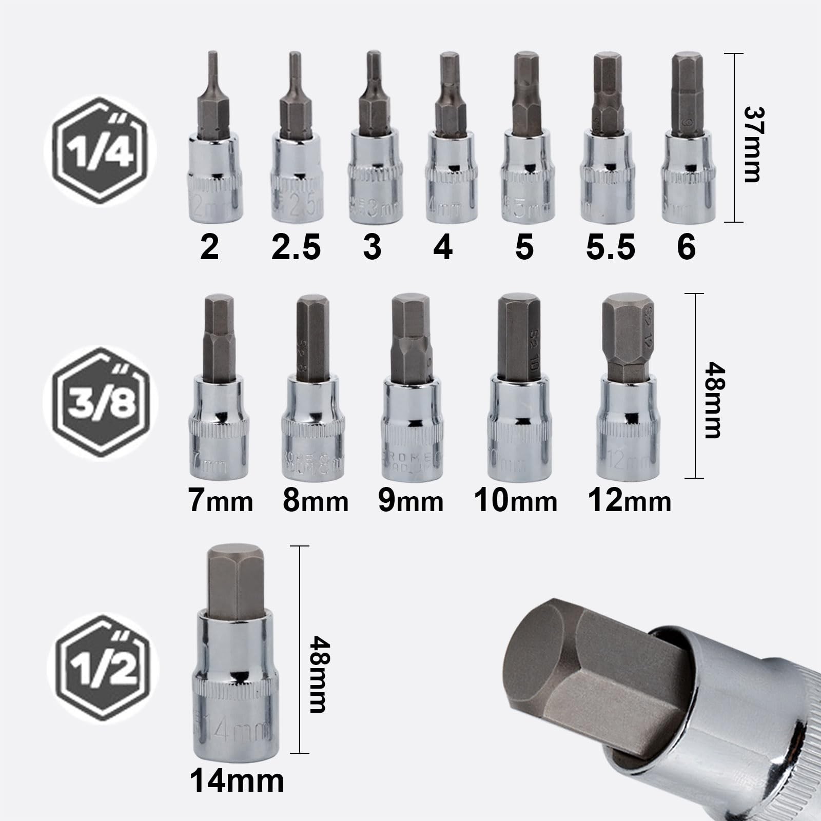 Hex Bit Socket Set Premium S2 Alloy Steel | 13-Piece Metric 2mm Variety Pack