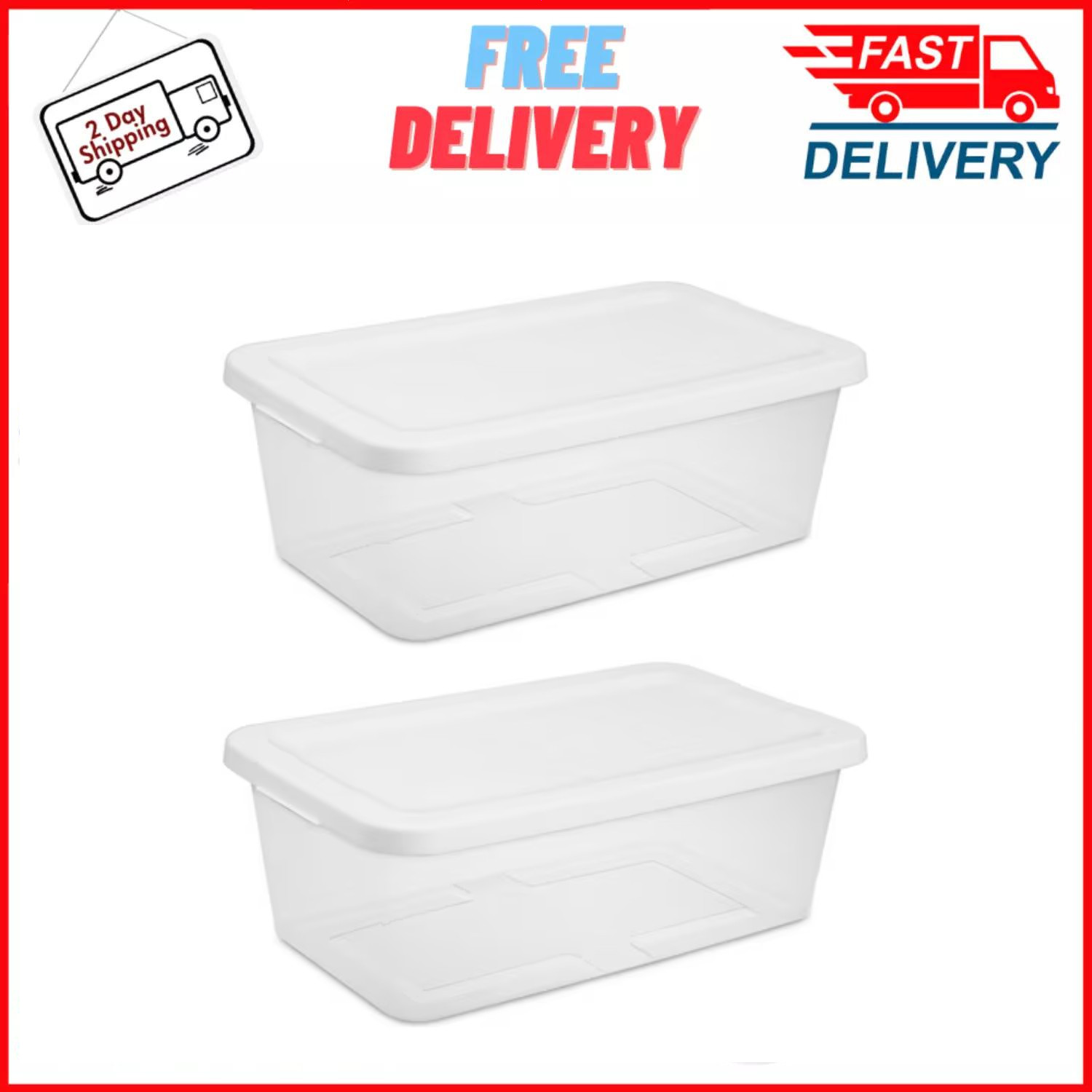 (2 pack) Sterilite 6 Qt. Clear Plastic Storage Container with Snap-On Lid, White